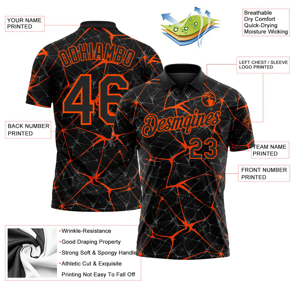Custom Black-Orange 3D Pattern Abstract Network Crackle Performance Polo Shirt