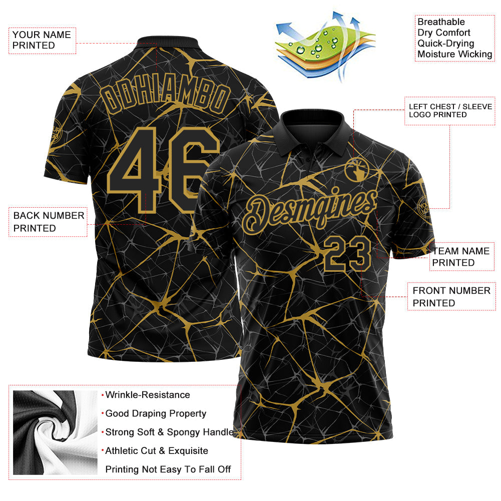 Custom Black-Old Gold 3D Pattern Abstract Network Crackle Performance Polo Shirt