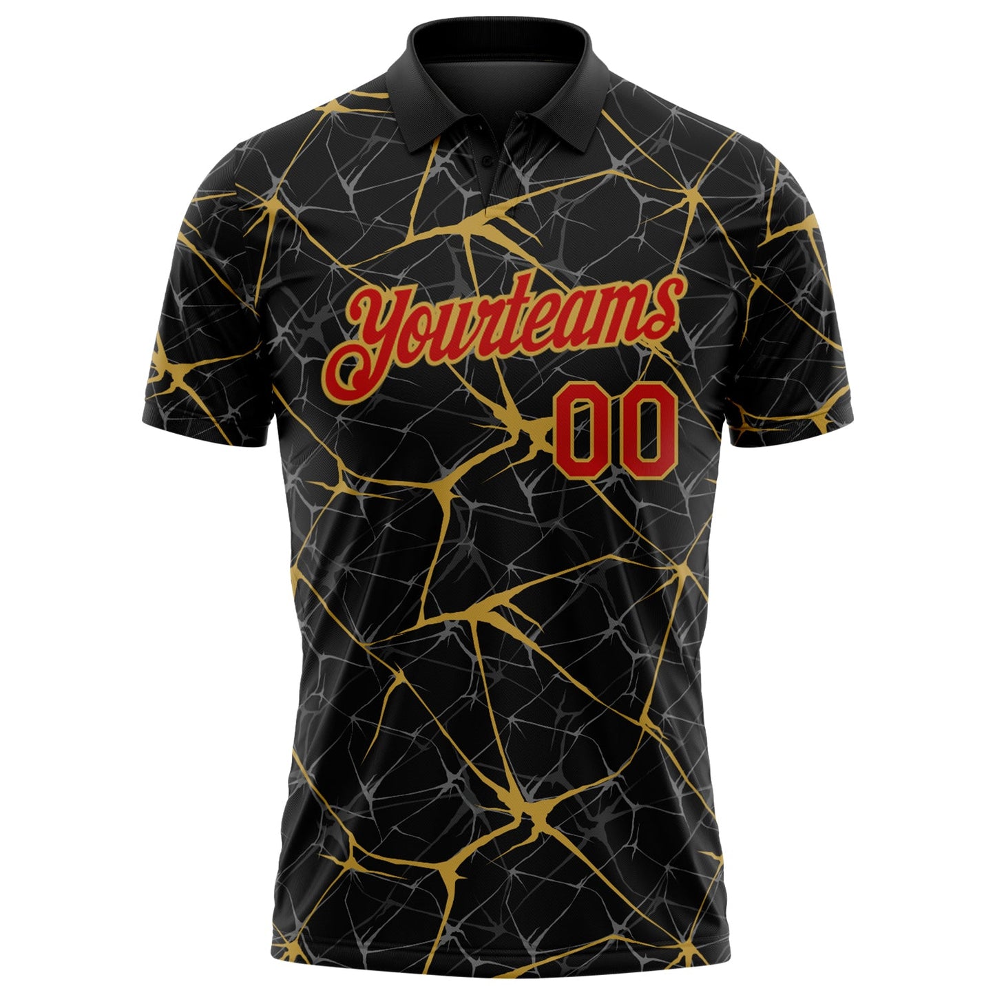 Custom Black Red-Old Gold 3D Pattern Abstract Network Crackle Performance Polo Shirt