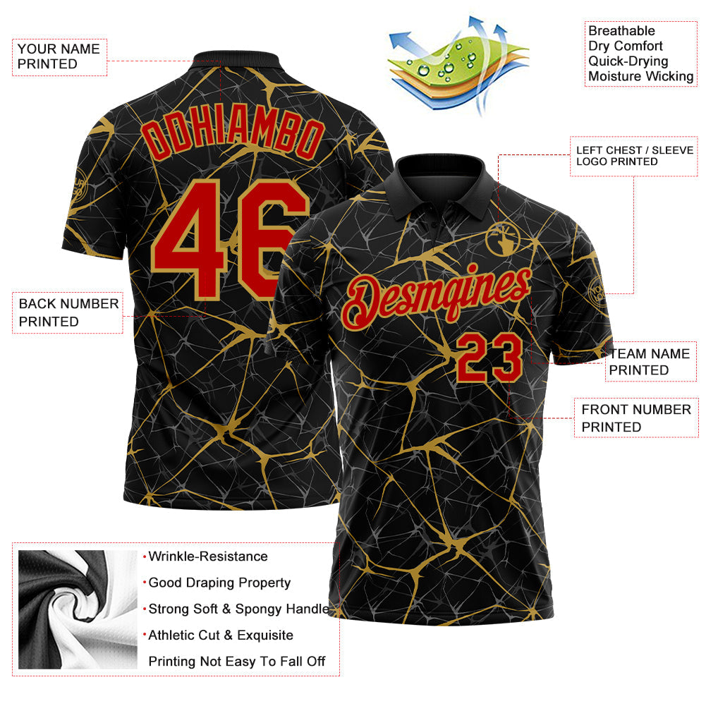 Custom Black Red-Old Gold 3D Pattern Abstract Network Crackle Performance Polo Shirt