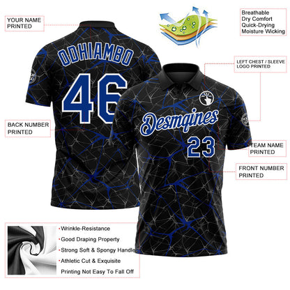 Custom Black Royal-White 3D Pattern Abstract Network Crackle Performance Polo Shirt
