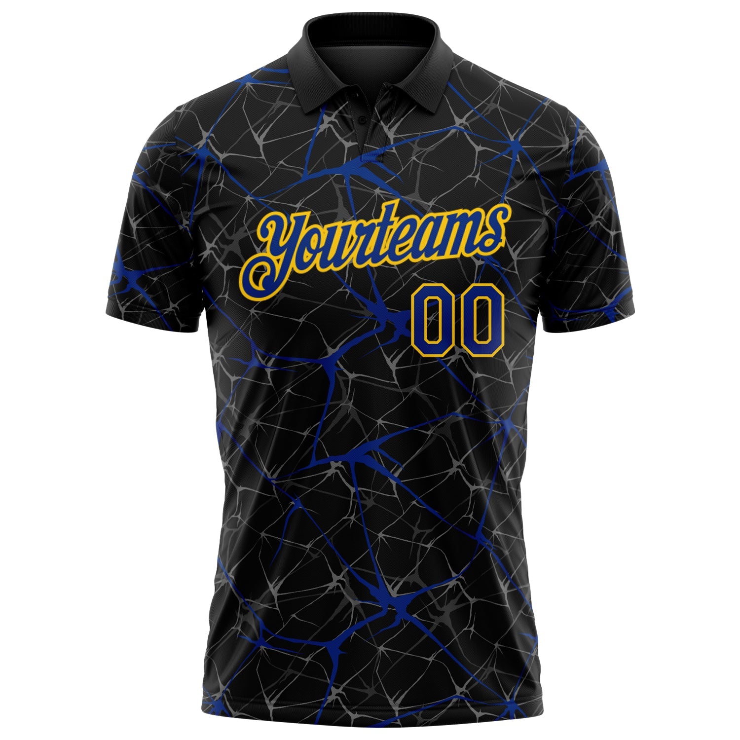 Custom Black Royal-Yellow 3D Pattern Abstract Network Crackle Performance Polo Shirt