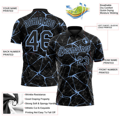 Custom Black-Light Blue 3D Pattern Abstract Network Crackle Performance Polo Shirt