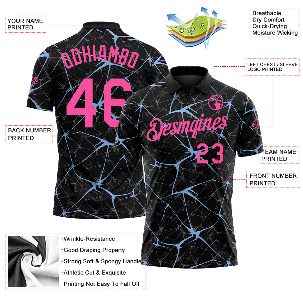 Custom Black Pink-Light Blue 3D Pattern Abstract Network Crackle Performance Polo Shirt