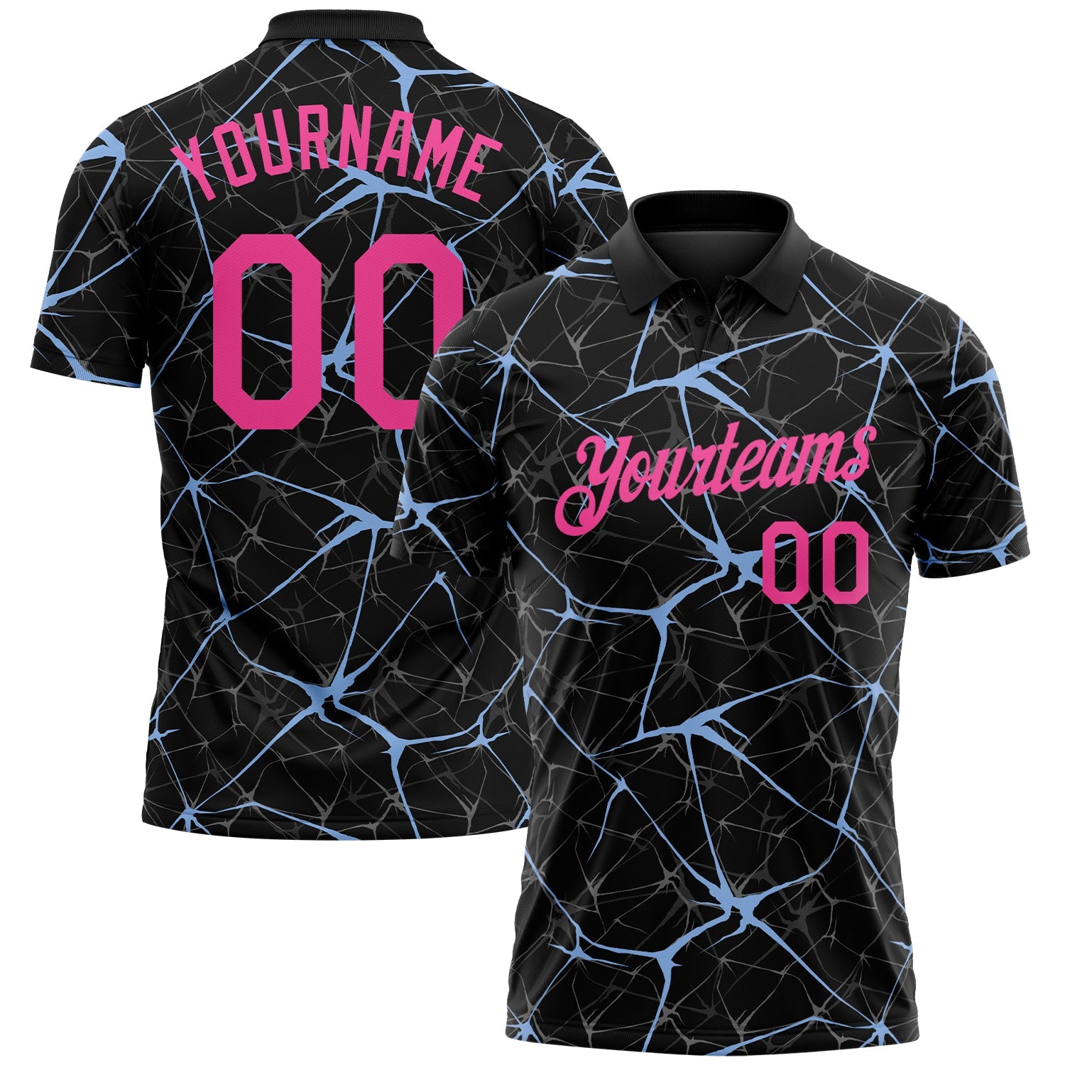 Custom Black Pink-Light Blue 3D Pattern Abstract Network Crackle Performance Polo Shirt