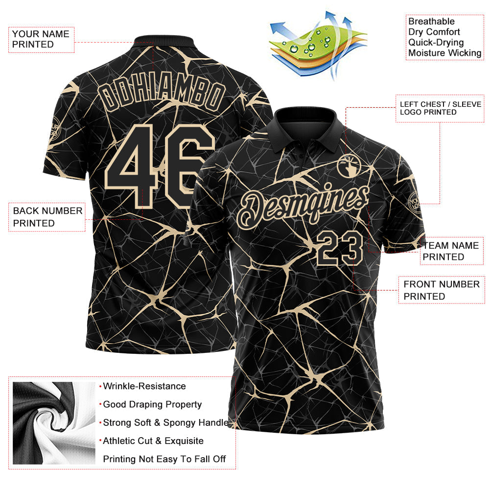 Custom Black-City Cream 3D Pattern Abstract Network Crackle Performance Polo Shirt