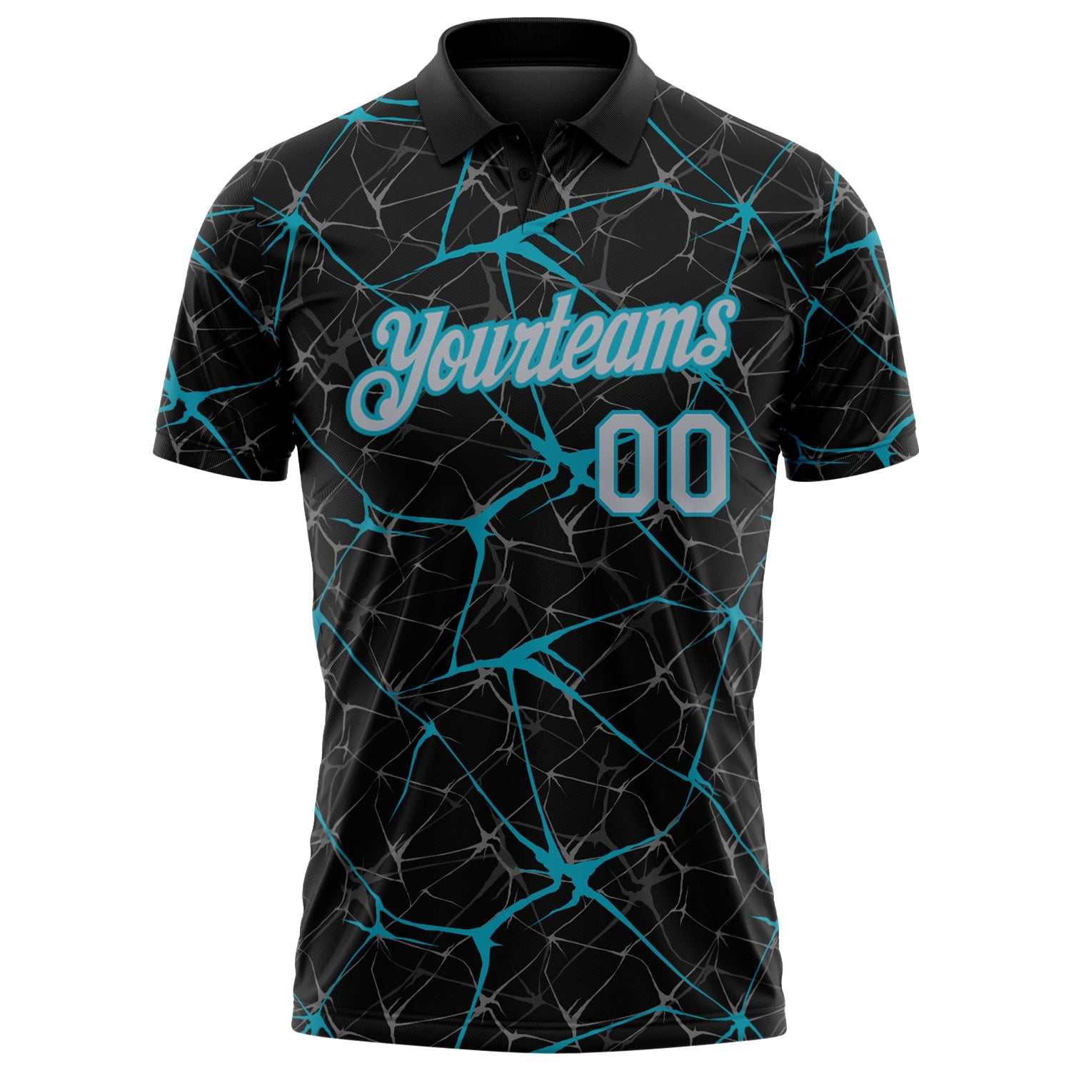Custom Black Gray-Teal 3D Pattern Abstract Network Crackle Performance Polo Shirt