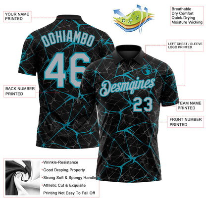 Custom Black Gray-Teal 3D Pattern Abstract Network Crackle Performance Polo Shirt