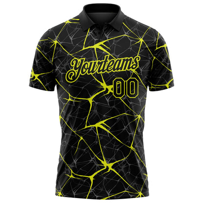 Custom Black-Neon Yellow 3D Pattern Abstract Network Crackle Performance Polo Shirt