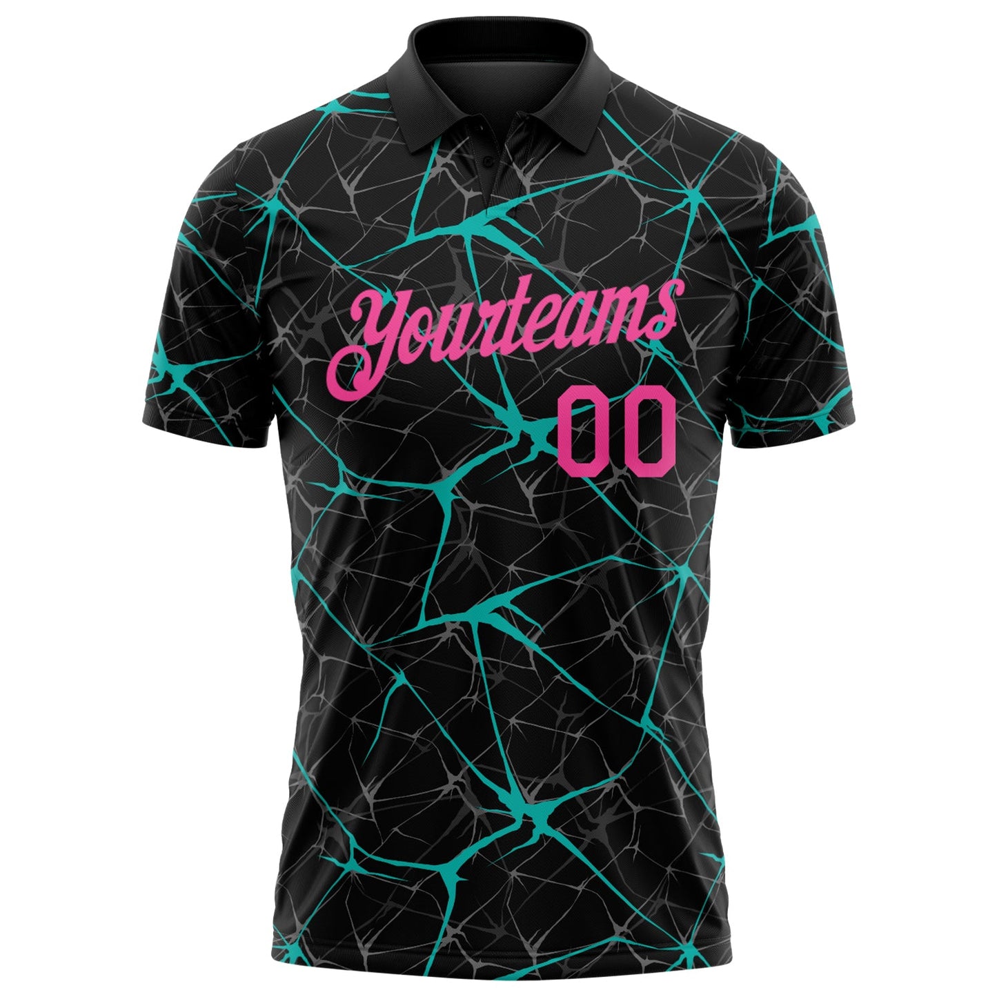 Custom Black Pink-Aqua 3D Pattern Abstract Network Crackle Performance Polo Shirt
