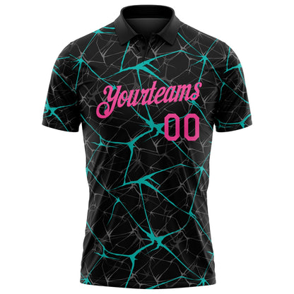 Custom Black Pink-Aqua 3D Pattern Abstract Network Crackle Performance Polo Shirt