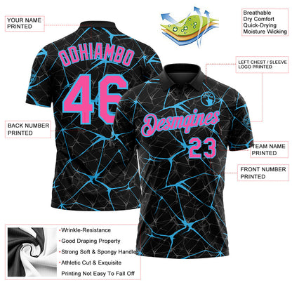 Custom Black Pink-Sky Blue 3D Pattern Abstract Network Crackle Performance Polo Shirt