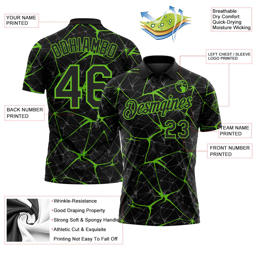 Custom Black-Aurora Green 3D Pattern Abstract Network Crackle Performance Polo Shirt