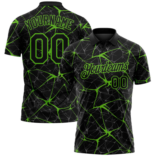 Custom Black-Aurora Green 3D Pattern Abstract Network Crackle Performance Polo Shirt