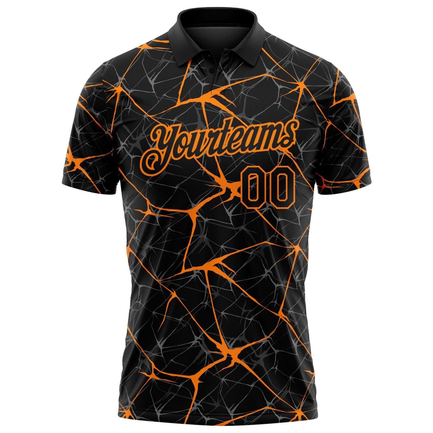 Custom Black-Bay Orange 3D Pattern Abstract Network Crackle Performance Polo Shirt