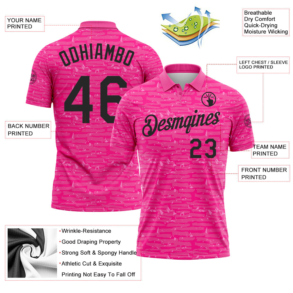 Custom Pink-Black Distressed Fragment Brush Stroke Performance Polo Shirt