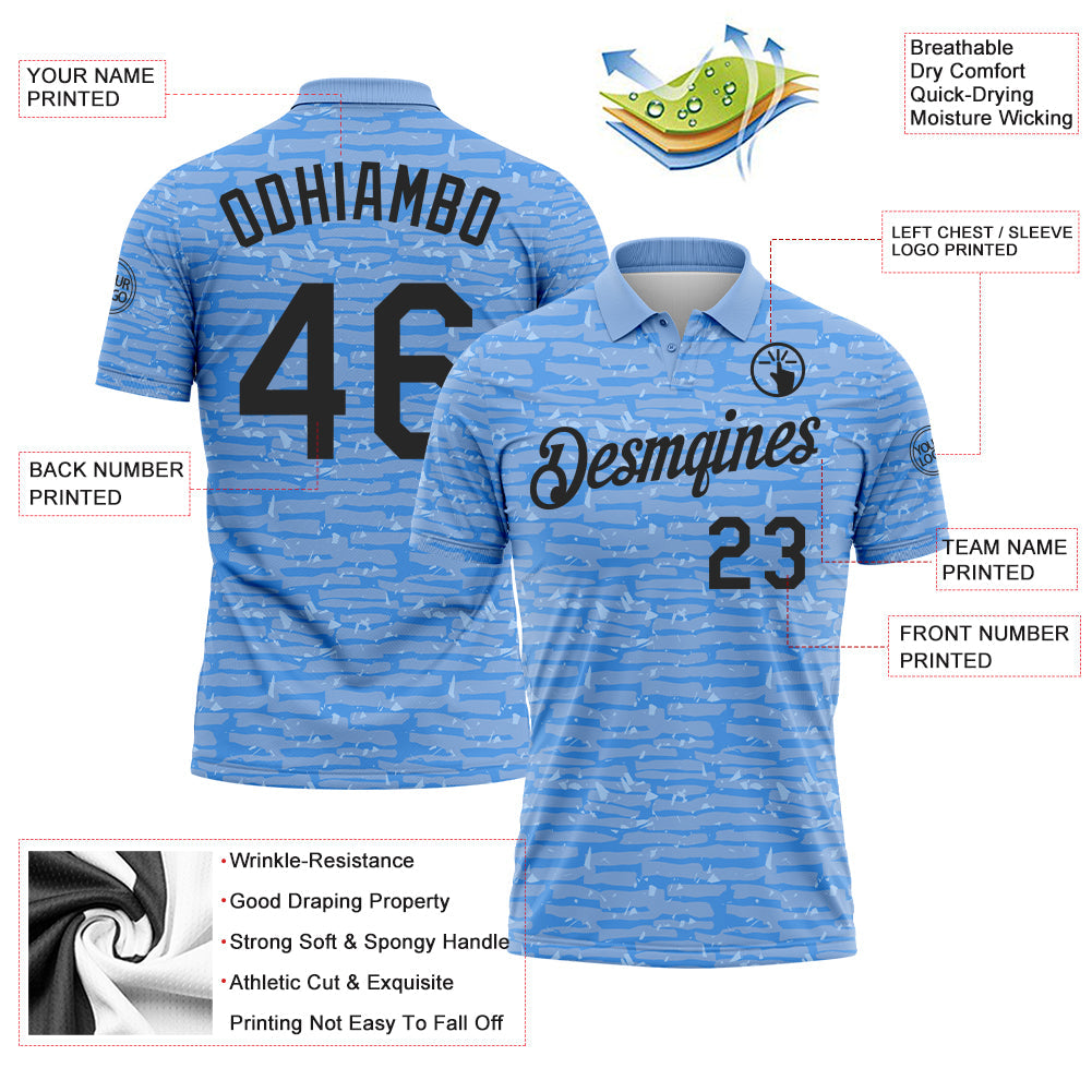 Custom Light Blue-Black Distressed Fragment Brush Stroke Performance Polo Shirt