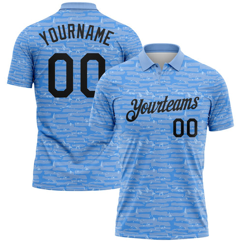 Custom Light Blue-Black Distressed Fragment Brush Stroke Performance Polo Shirt