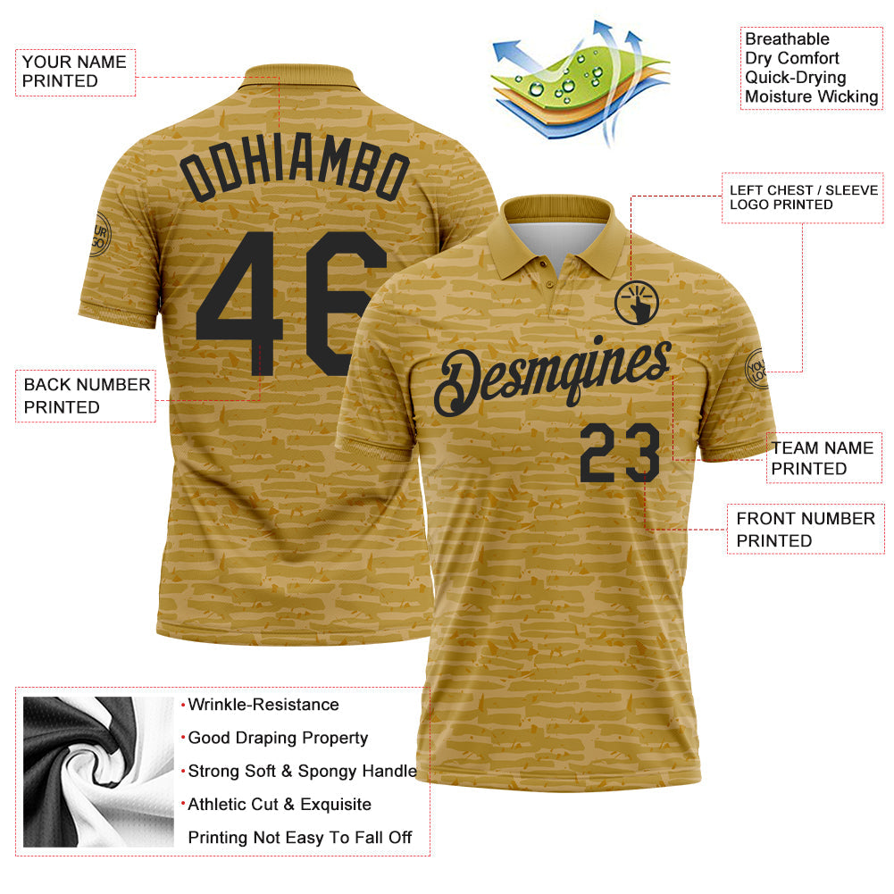 Custom Old Gold-Black Distressed Fragment Brush Stroke Performance Polo Shirt