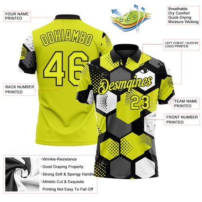 Custom Neon Yellow Black Gray-White Modern Geometric Tech Hexagon Grid Performance Polo Shirt