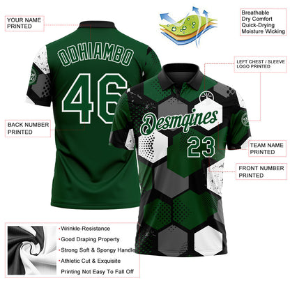 Custom Green Black Gray-White Modern Geometric Tech Hexagon Grid Performance Polo Shirt
