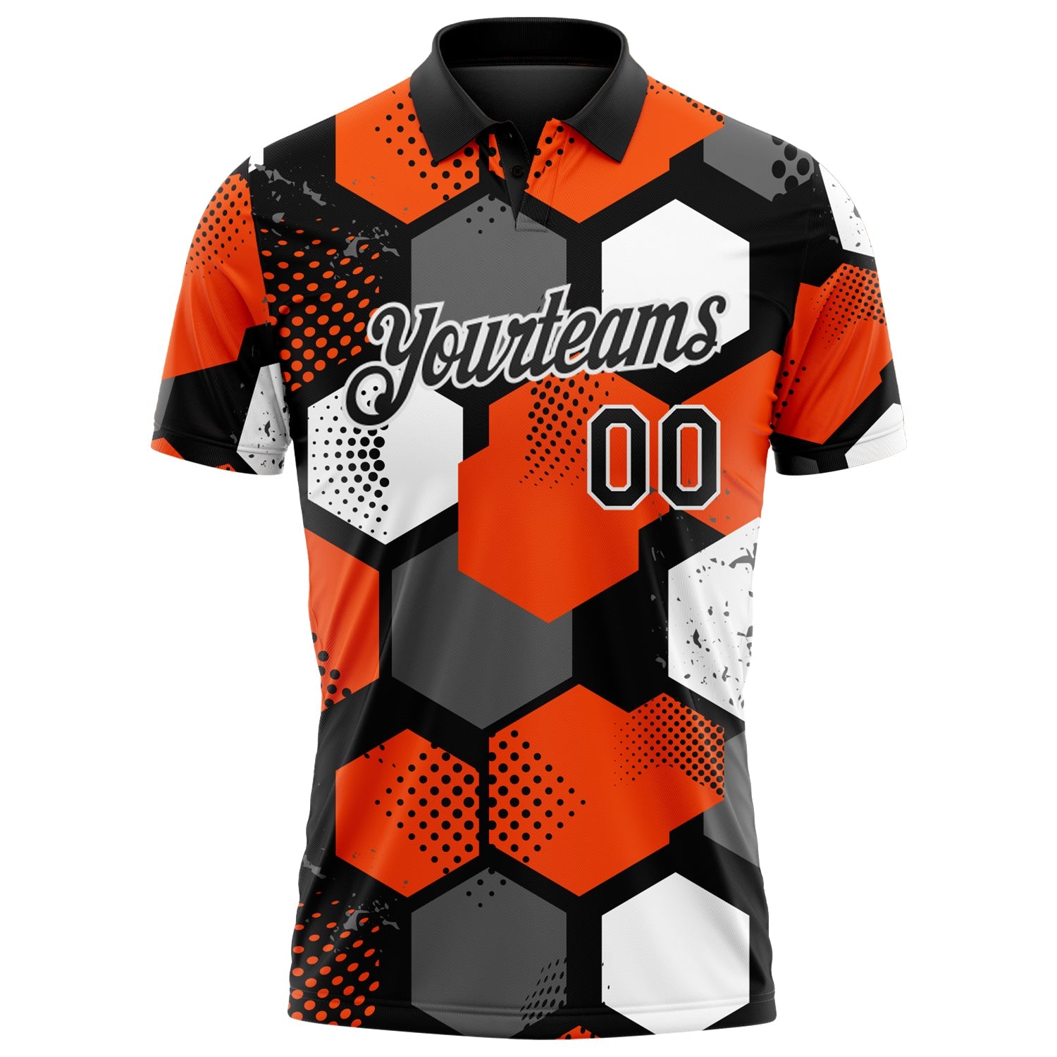 Custom Orange Black Gray-White Modern Geometric Tech Hexagon Grid Performance Polo Shirt