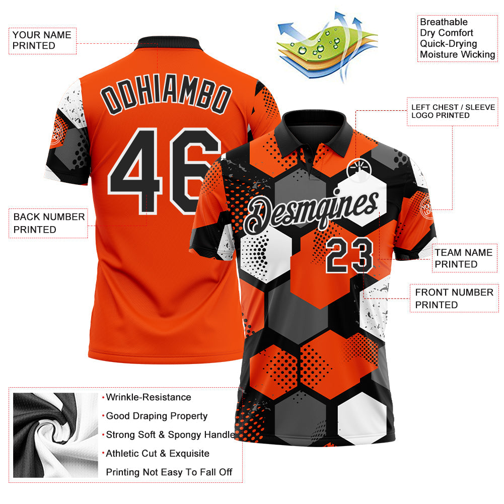 Custom Orange Black Gray-White Modern Geometric Tech Hexagon Grid Performance Polo Shirt