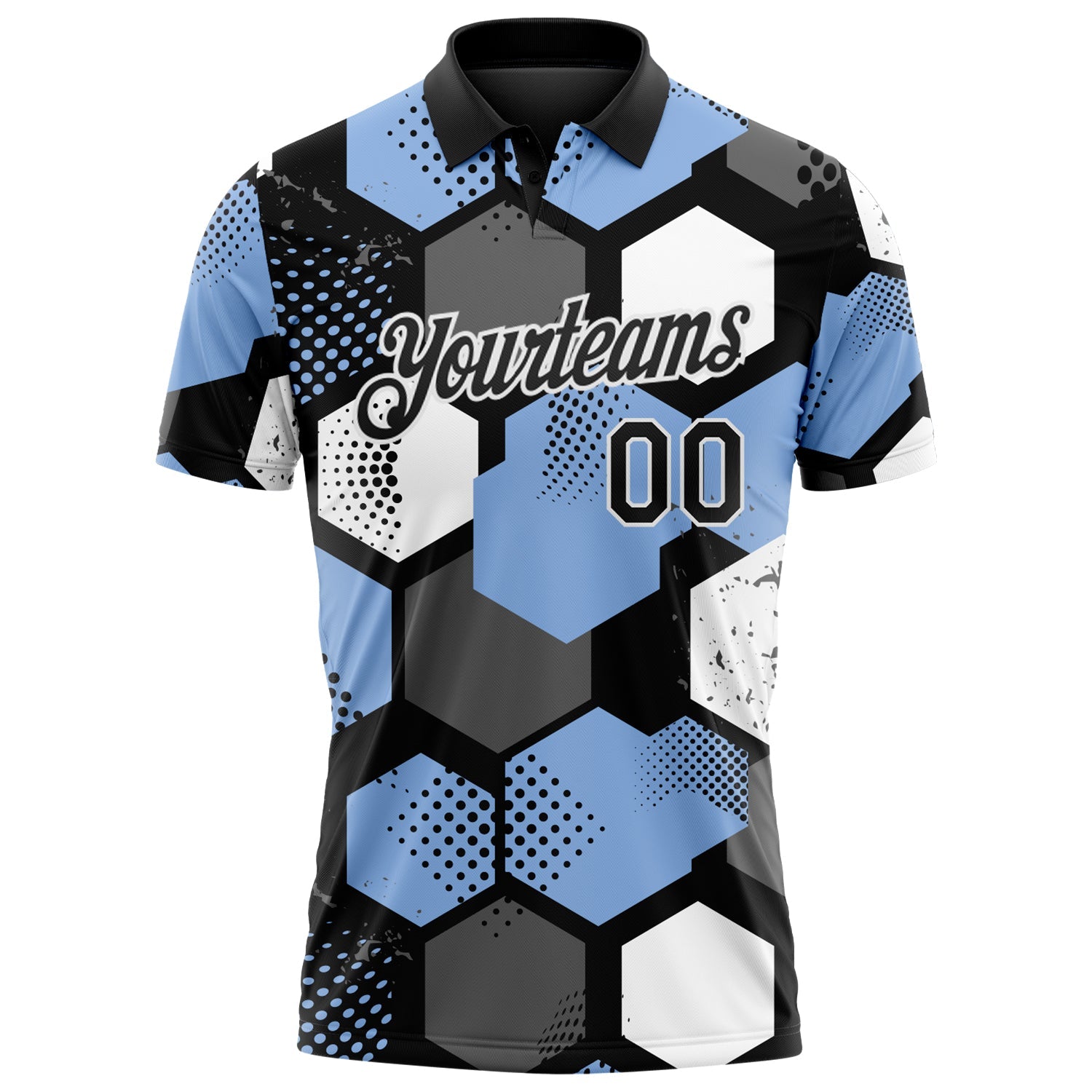 Custom Light Blue Black Gray-White Modern Geometric Tech Hexagon Grid Performance Polo Shirt