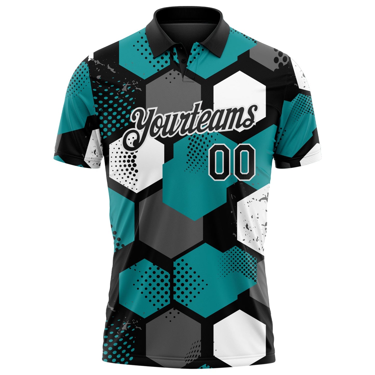 Custom Teal Black Gray-White Modern Geometric Tech Hexagon Grid Performance Polo Shirt