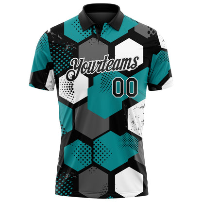 Custom Teal Black Gray-White Modern Geometric Tech Hexagon Grid Performance Polo Shirt