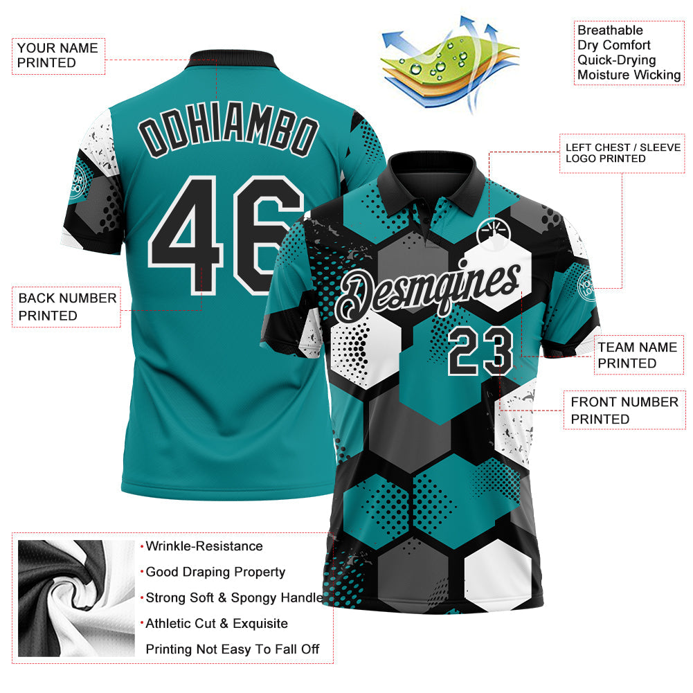 Custom Teal Black Gray-White Modern Geometric Tech Hexagon Grid Performance Polo Shirt