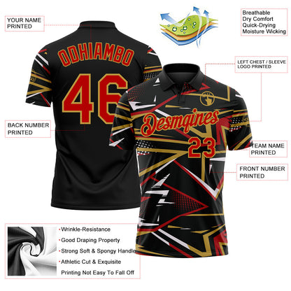 Custom Black Red-Old Gold Dynamic Geometric Shard Performance Polo Shirt