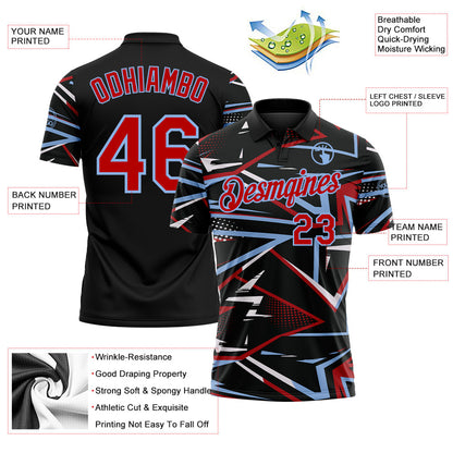 Custom Black Red-Light Blue Dynamic Geometric Shard Performance Polo Shirt