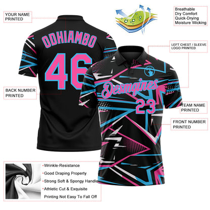 Custom Black Pink-Sky Blue Dynamic Geometric Shard Performance Polo Shirt