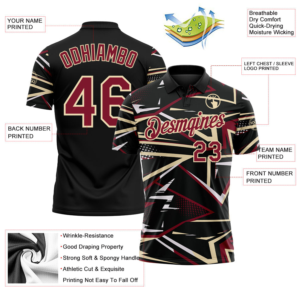 Custom Black Crimson-Cream Dynamic Geometric Shard Performance Polo Shirt