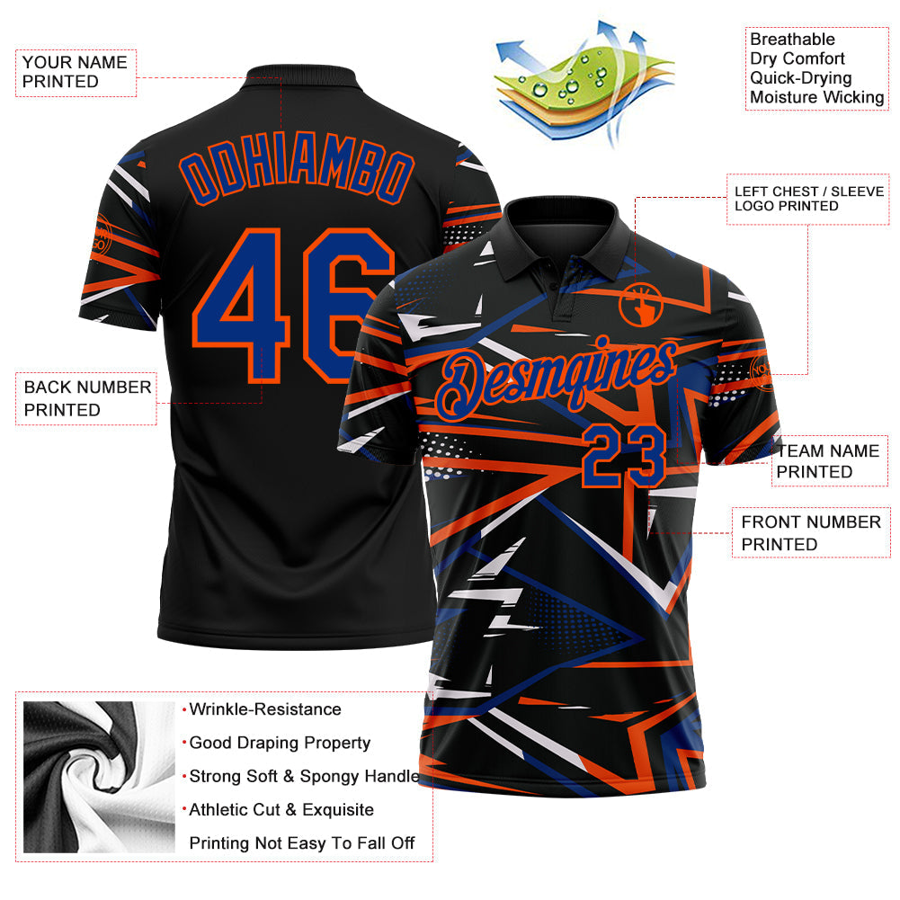 Custom Black Royal-Orange Dynamic Geometric Shard Performance Polo Shirt