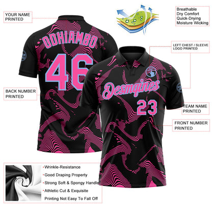 Custom Black Pink-Light Blue 3D Pattern Abstract Fluid Swirl Line Performance Polo Shirt