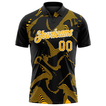 Custom Black Gold-White 3D Pattern Abstract Fluid Swirl Line Performance Polo Shirt