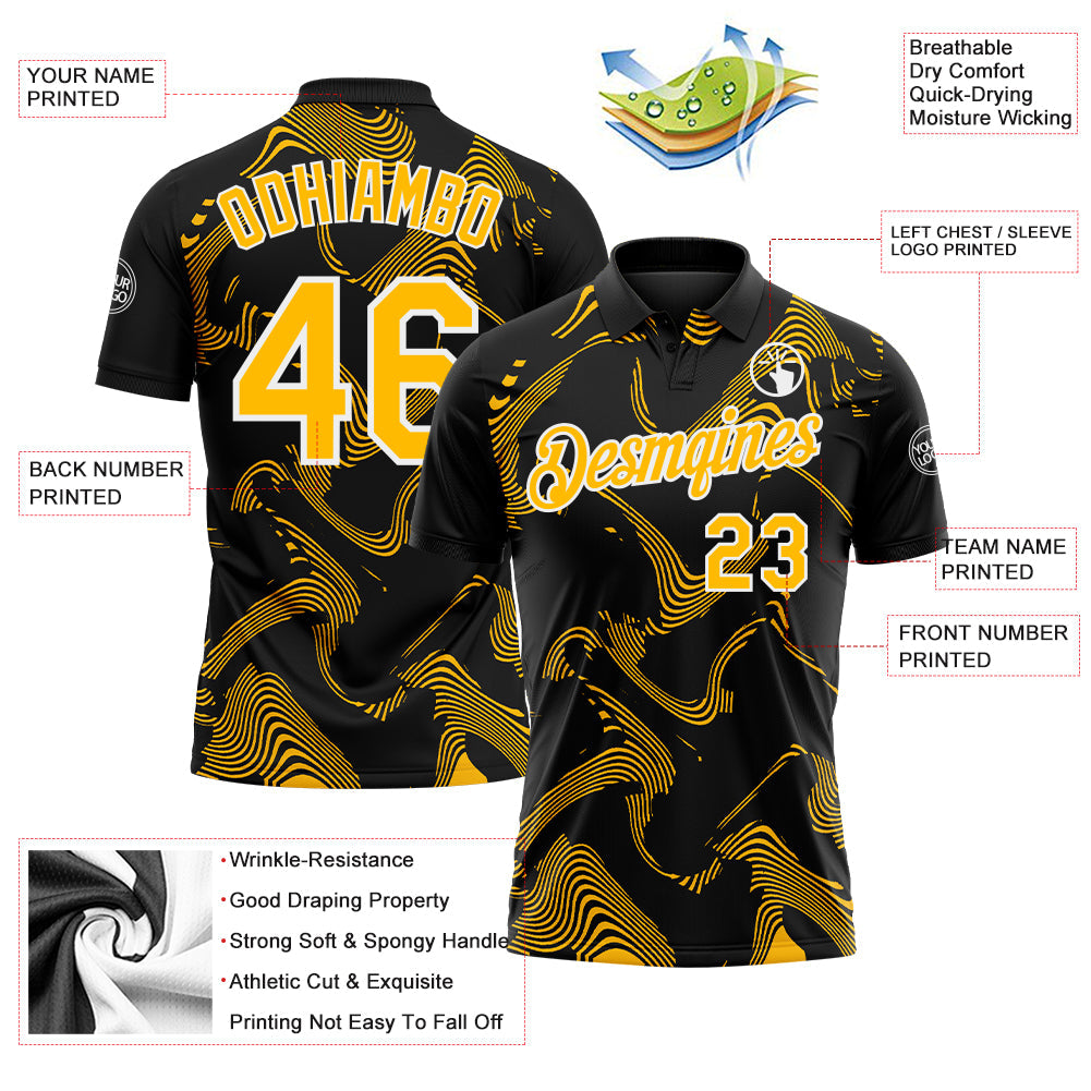 Custom Black Gold-White 3D Pattern Abstract Fluid Swirl Line Performance Polo Shirt