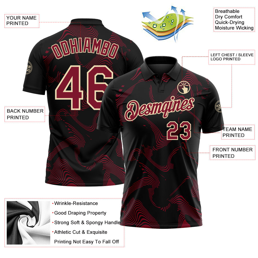 Custom Black Crimson-Cream 3D Pattern Abstract Fluid Swirl Line Performance Polo Shirt