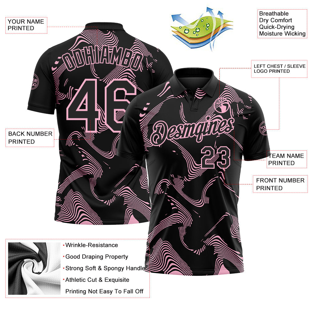 Custom Black-Light Pink 3D Pattern Abstract Fluid Swirl Line Performance Polo Shirt