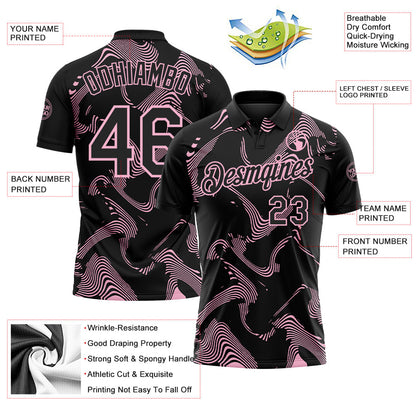 Custom Black-Light Pink 3D Pattern Abstract Fluid Swirl Line Performance Polo Shirt