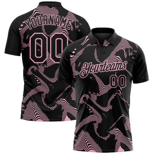 Custom Black-Light Pink 3D Pattern Abstract Fluid Swirl Line Performance Polo Shirt