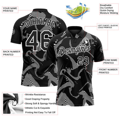 Custom Black-White 3D Pattern Abstract Fluid Swirl Line Performance Polo Shirt