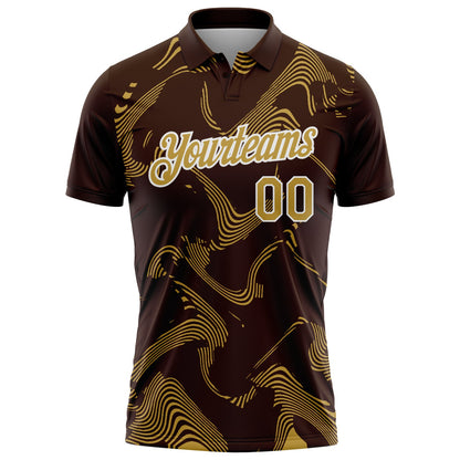 Custom Brown Old Gold-White 3D Pattern Abstract Fluid Swirl Line Performance Polo Shirt
