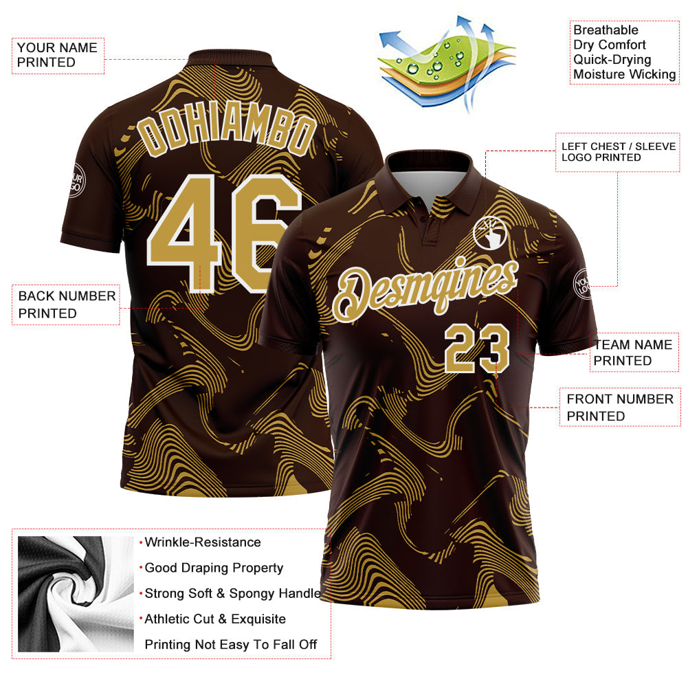 Custom Brown Old Gold-White 3D Pattern Abstract Fluid Swirl Line Performance Polo Shirt