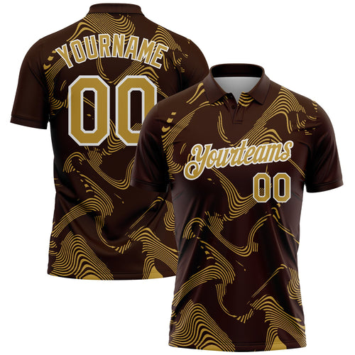 Custom Brown Old Gold-White 3D Pattern Abstract Fluid Swirl Line Performance Polo Shirt