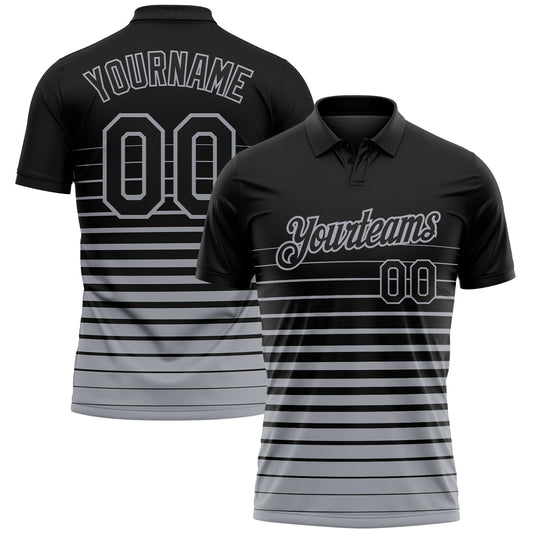 Custom Black-Gray Horizontal Gradient Stripe Performance Polo Shirt