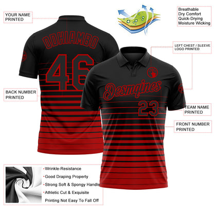 Custom Black-Red Horizontal Gradient Stripe Performance Polo Shirt