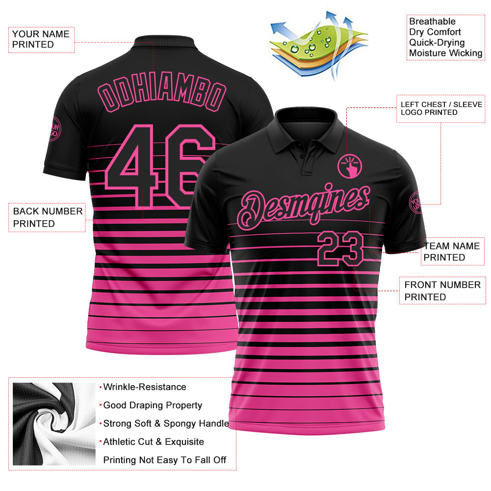 Custom Black-Pink Horizontal Gradient Stripe Performance Polo Shirt